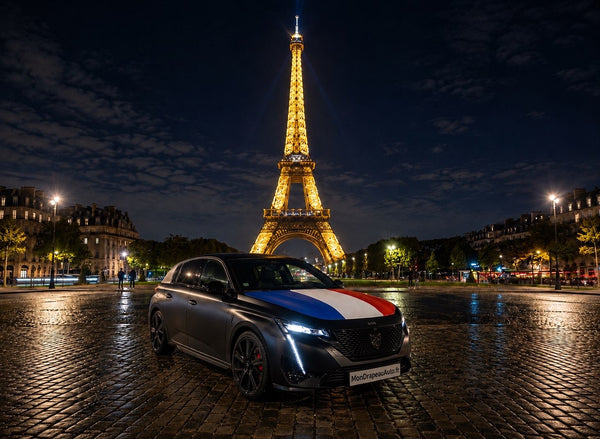 Drapeau France sur Peugeot Tour Eiffel — MonDrapeauAuto.fr